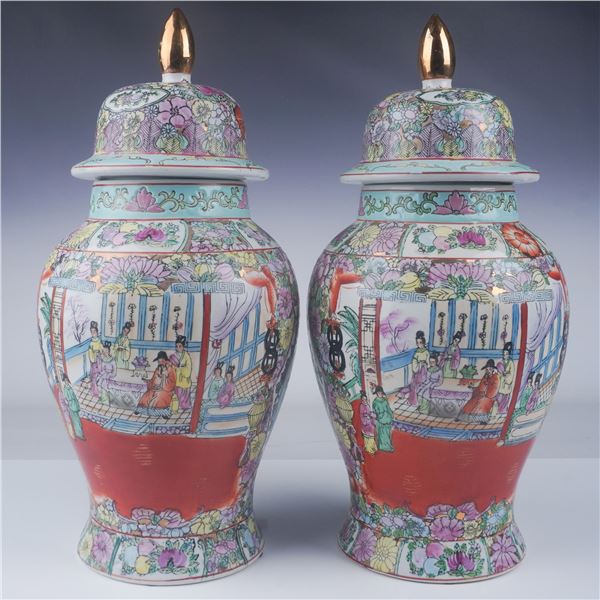 Pair of Chinese Hand Painted Porcelain Covered Vases