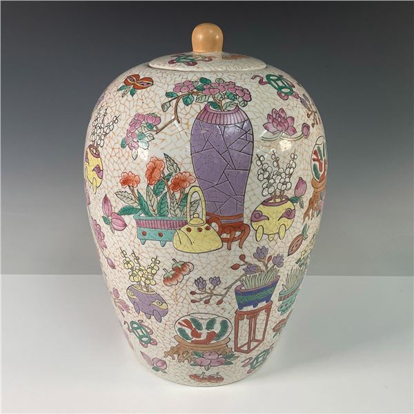 Vintage Large Chinese Floral Design Covered Porcelain Jar