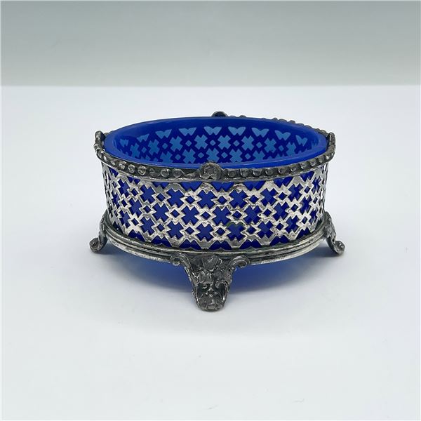 Antique Silverplated Openwork Salt Cellar w/Cobalt Glass