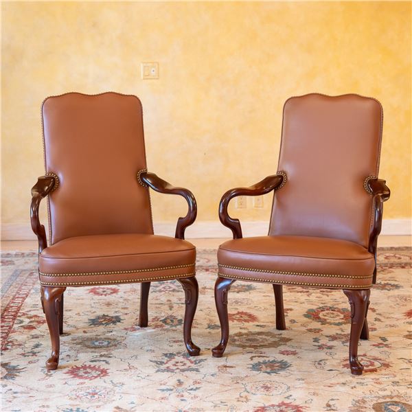 2pc Hancock & Moore Leather Armchairs, Nailhead Trim