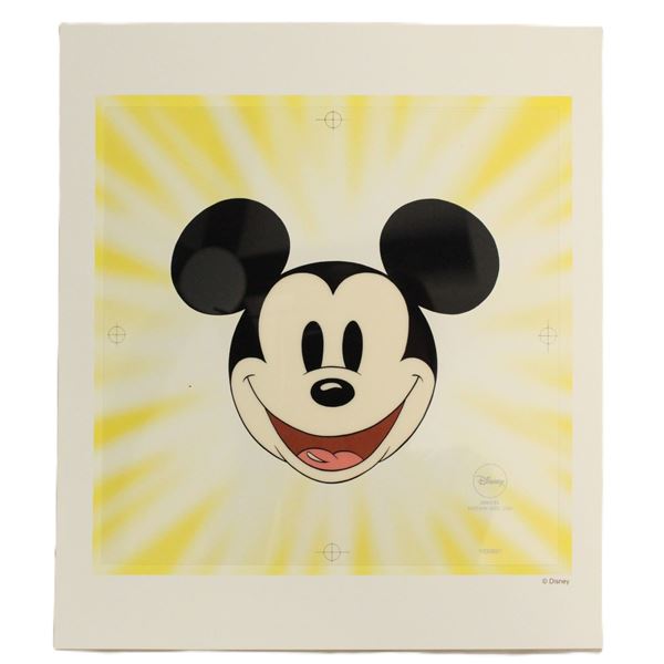 A Limited Edition "Here's Mickey" Sericel featuring Mickey Mouse with lithographic background.