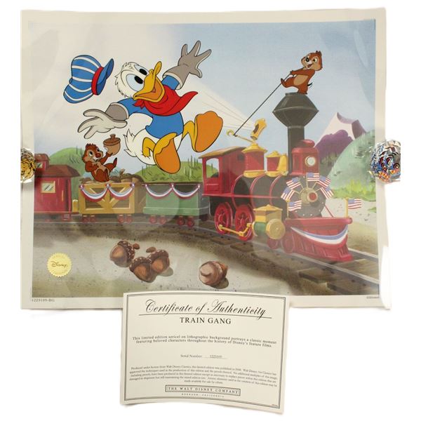 A Limited Edition "Train Gang" Sericel with lithographic background featuring Donald Duck, Chip and