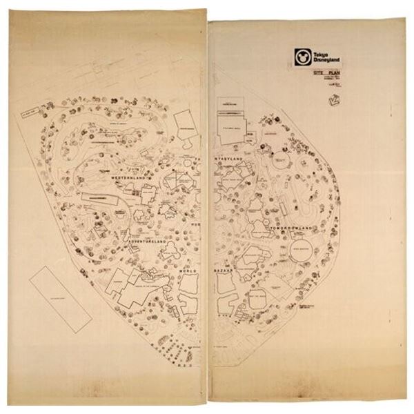 An Oversized Tokyo Disneyland Site Plan Pair of Brown Line Prints From Marc and Alice Davis' persona