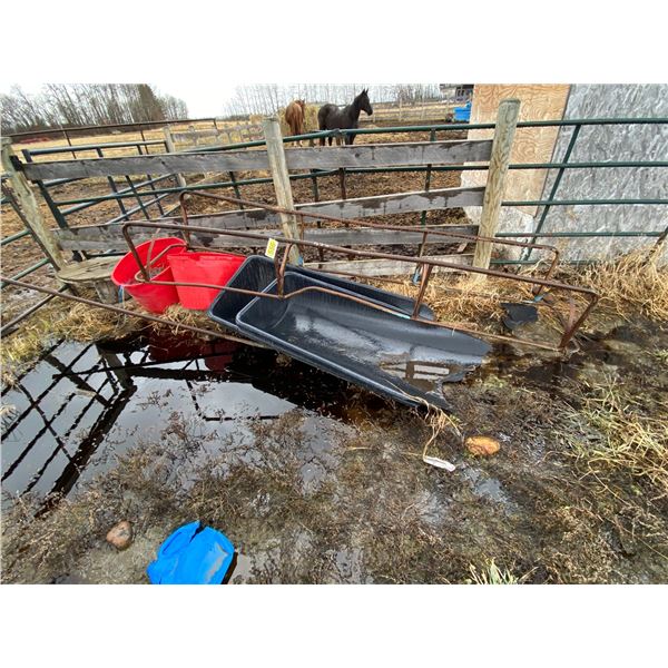 2- Red tubs, metal feeder frame