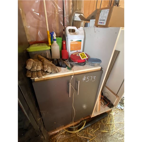 Tank heater, gloves, cupboard, cattle prod, jug of AVL, shelf unit & contents