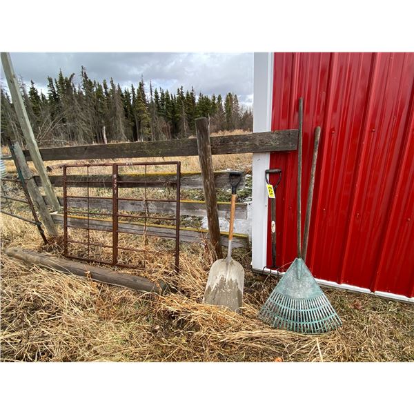 Forks, rake, alum. Shovel & small steel gate