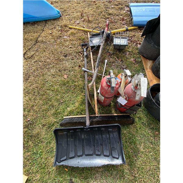 Fire ext., snow shovel, broom, light