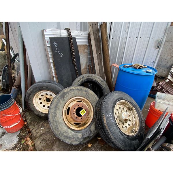 4- Various tires & rims, plastic blue barrel & roller chain