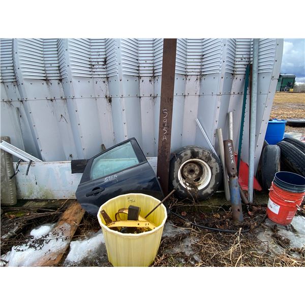Tire rim, misc. steel, tool box c/w contents, teeth for bucket etc. & small floor jack
