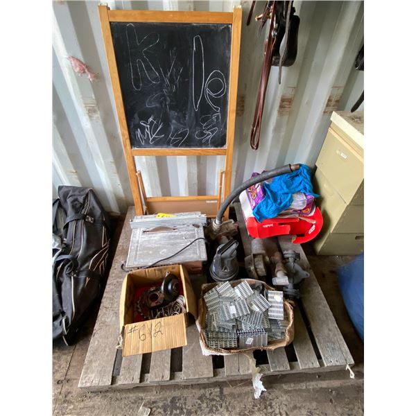 Chalkboard, tile cutter, mending plates, pumps and misc.