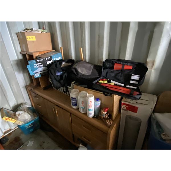 Dresser, boat cover, VHS tapes, roadside emergency kit, charms, rubber stamps, tiles etc.