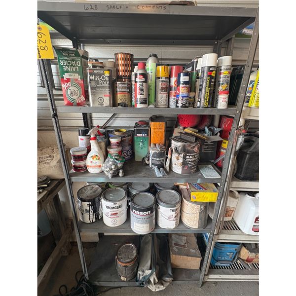 Metal shelf unit c/w paints, steel wool, etc.