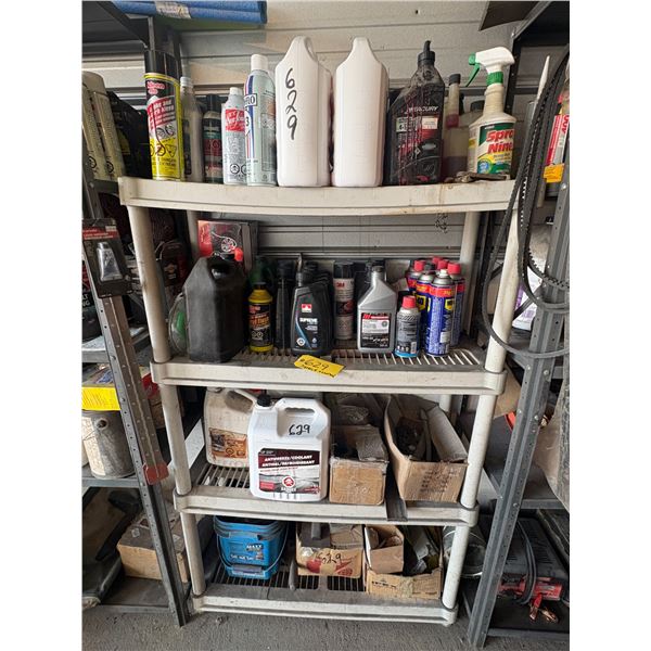 Plastic shelf unit c/w oils, sprays & all contents