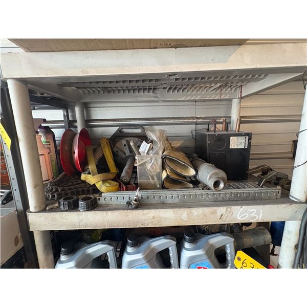 Plastic shelf unit c/w oils, brackets & misc.