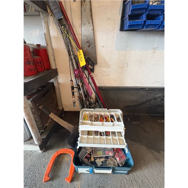 Tackle box, fishing rods, axe, horse shoe