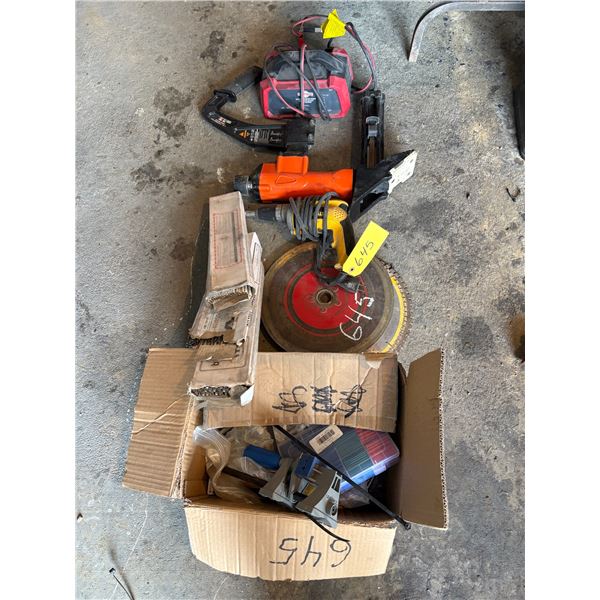 Various welding rods, circular saw blades, elec. Drill, elec. splices & misc.