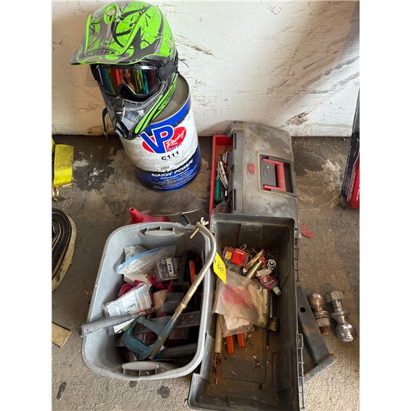 ATV helmet, approx. 2-gal VP racing fuel, misc. tools, 2- trailer hitch & 2- trailer balls