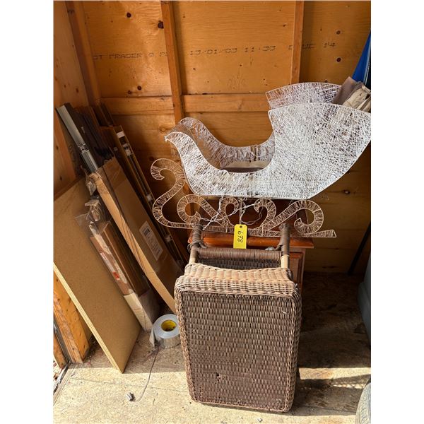 Outdoor Christmas sleigh, wicker table & 2-drawer night stand