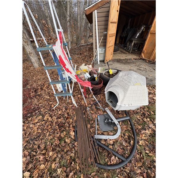 Rebar, Canadian flag, pool ladder, dog house, propane tanks, pet lodge & misc.