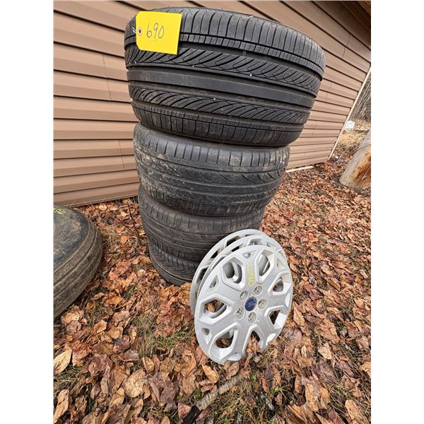 (Selling all together) 4- 22.5/40ZR18 tires & 3- hub caps