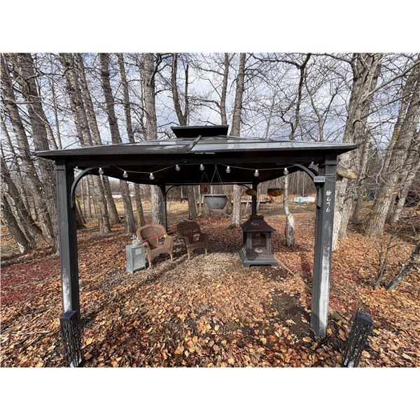 Gazebo c/w lights & hanging baskets, Buyer responsible to dismantle