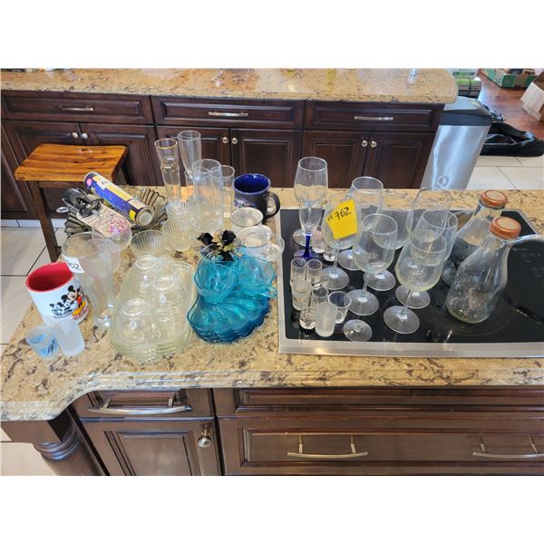 (In house) Qty of various glasses, mugs, serving dishes, bottle openers etc.