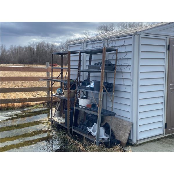 2- Metal shelf units c/w gardening supplies