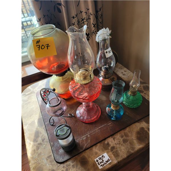 (In house) 5- Various oil lamps, candle holder & elec. Lantern