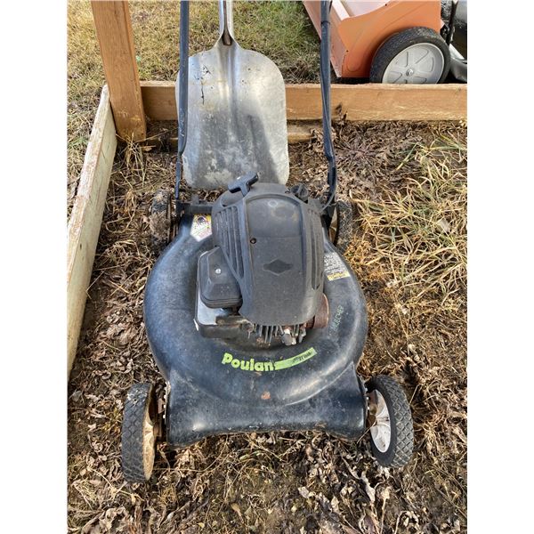 Poulan gas mower & alum. Scoop shovel