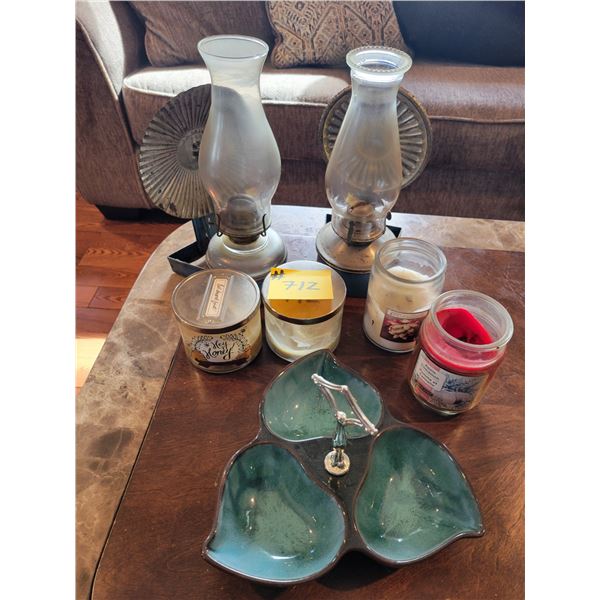 (In house) 2- Vintage oil lamps (wall mount), 4- candles & candy dish