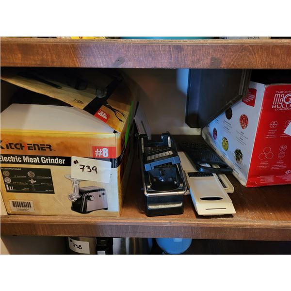 Elec. Meat grinder, magic bullet, ninja mixer, large wine glass and misc.