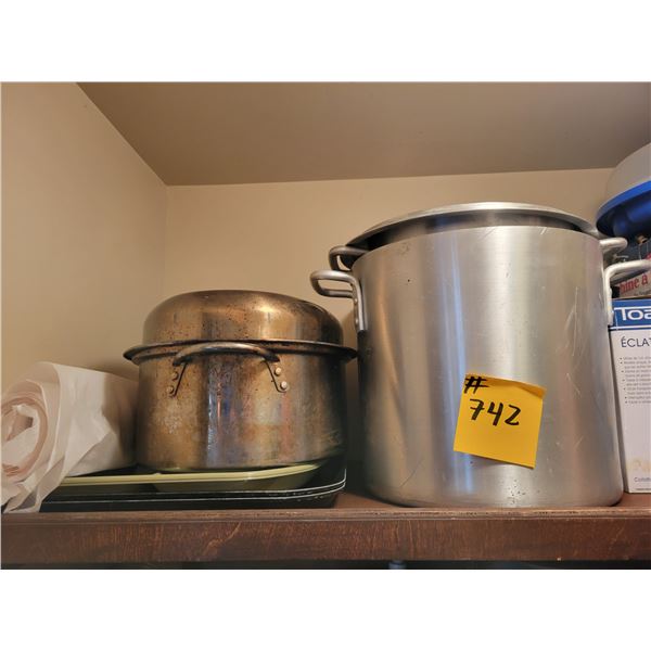 Large roast pan, stew pots, nutri slicer, popcorn maker, sausage maker, hamburger press & misc.