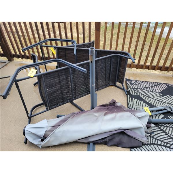 2- Wicker lounge chairs c/w large umbrella & stand