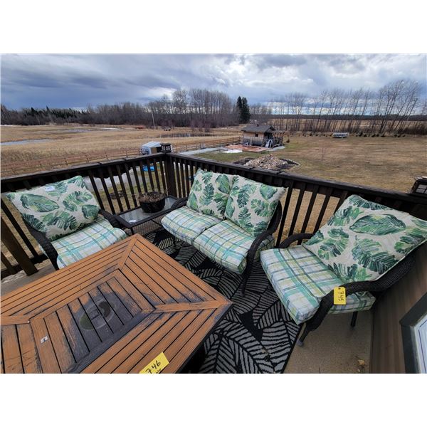 Patio set- 2- chairs, loveseat, small glass top table & cushions