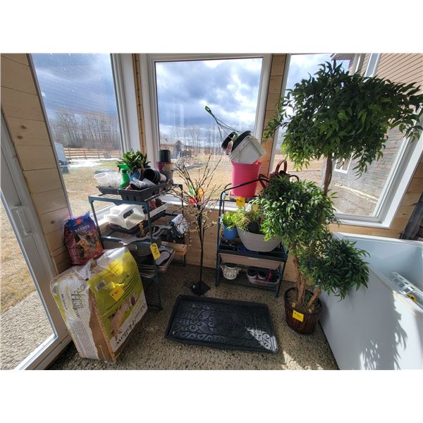 Qty of Plants, pots, planters, portable greenhouse shelves c/w covers, rabbit food, spruce/pine shav