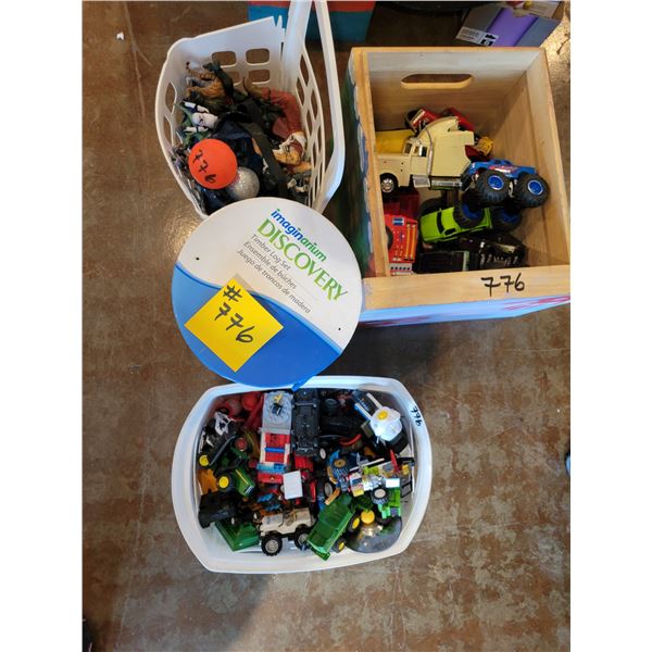 Timber log set and qty of toy trucks, tractors etc.