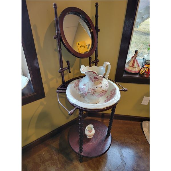 Wash basin stand c/w mirror, basin, pitcher, candle holders & small vase