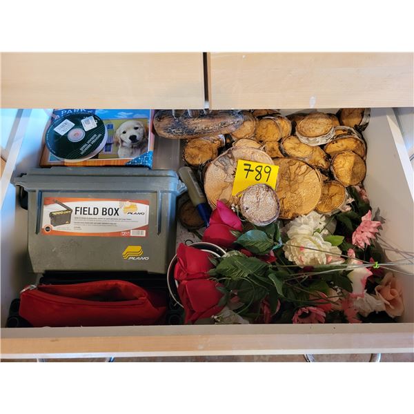 Unfinished wood slices, plastic flowers, organizers etc.