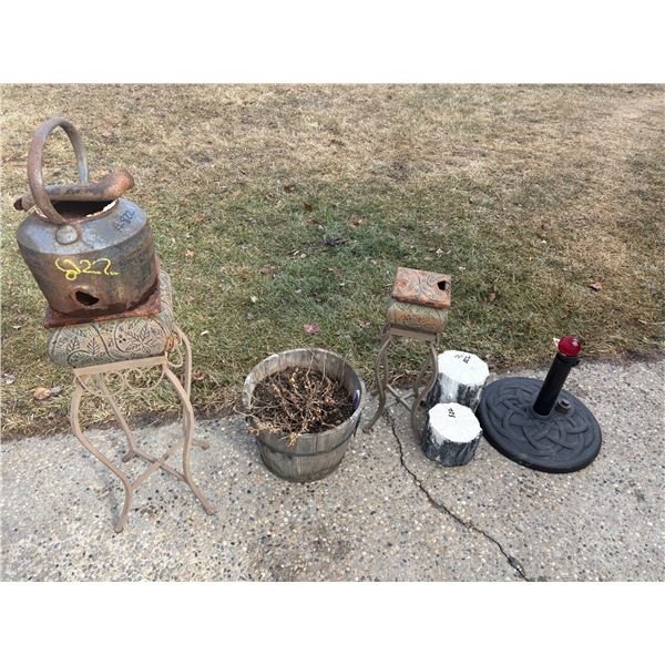 Cast iron pot, half barrel planter, 2- stools & umbrella stand