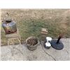 Image 1 : Cast iron pot, half barrel planter, 2- stools & umbrella stand