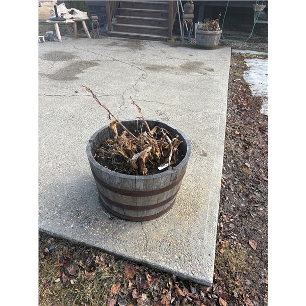 2- Half barrel planters, plastic planter and small wooden planter