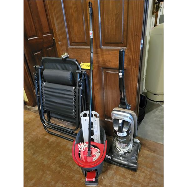 Mop bucket, mop, upright vacuum & folding chair