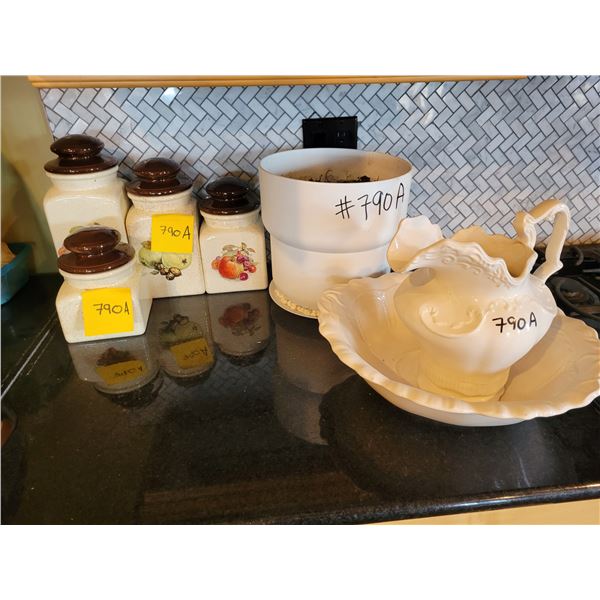 4- canasters, planter pot, pitcher & basin