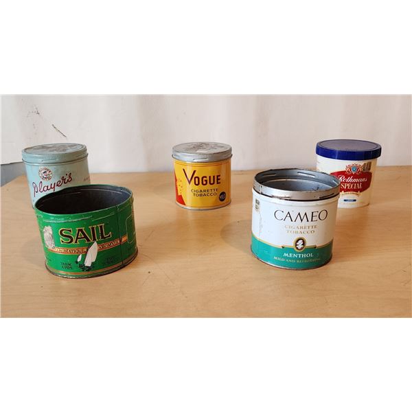 300 -- 7 VINTAGE CIGARETTE TINS, 1930'S ENAMEL BOTTLE VINTAGE BLUE LABEL TEA TIN AND MORE