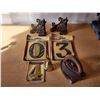 Image 2 : 303 -- VINTAGE CAST CHERRY STONERS, CAST CLOTHES IRON, BRASS HOUSE NUMBERS, AND MORE