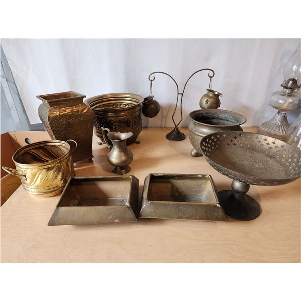 400 -- BRASS VASE, ENGRAVED BRASS DISH, CANDLE HOLDER AND MORE BRASS DECOR
