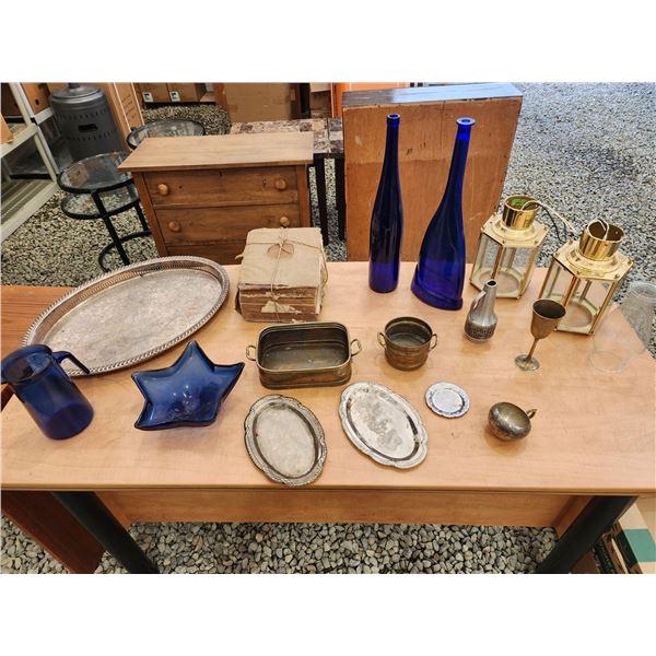 427 -- ANTIQUE WEBSTERS DICTIONARY, VINTAGE COBALT STAR DISH, LARGE COBALT BOTTLES, SILVER PLATTER, 