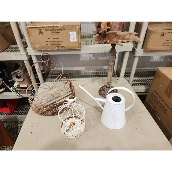 435 -- CAST IRON BIRD BATH, WIRE DISPLAY BASKET, WATERING CAN, AND CAGE WITH BIRD ON IT