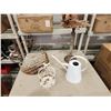 Image 1 : 435 -- CAST IRON BIRD BATH, WIRE DISPLAY BASKET, WATERING CAN, AND CAGE WITH BIRD ON IT