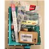 Image 2 : 442 -- BOX OF ASSORTED HARDWARE, WELDING TOOLS, PRY BARS, TILE SPACERS, OUTSIDE CALIPERS